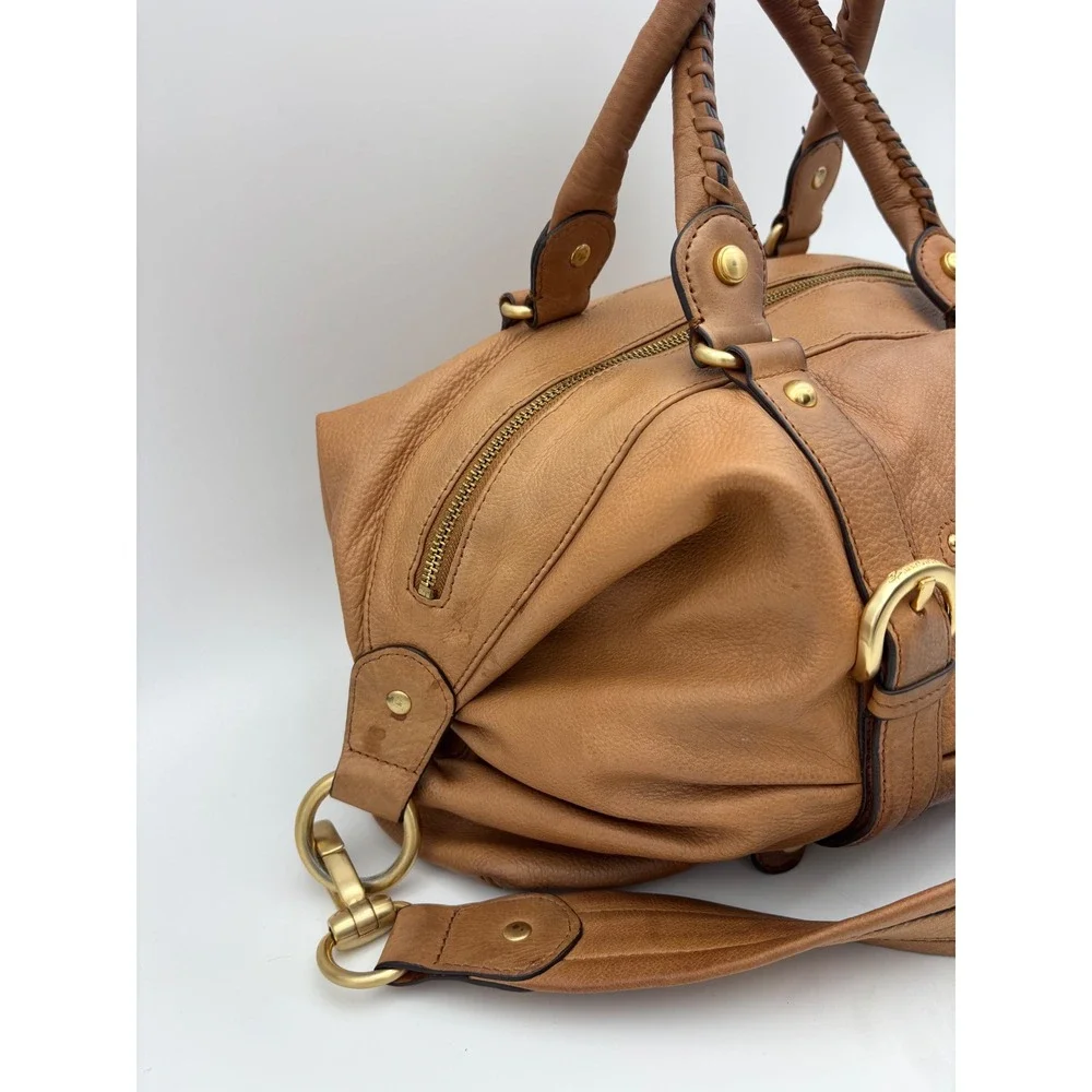 B MAKOWSKY Tan Leather Handbag Satchel Bag Double Handle Boho‎ Slouch Gold Camel